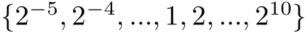 {2−5, 2−4, ..., 1, 2, ..., 210}