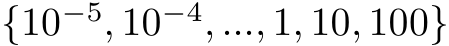 {10−5, 10−4, ..., 1, 10, 100}