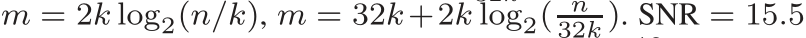 m = 2k log2(n/k), m = 32k+2k log2( n32k ). SNR = 15.5