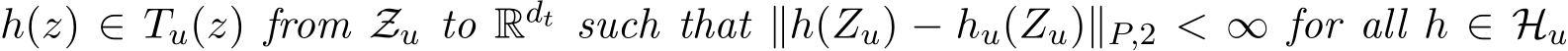 h(z) ∈ Tu(z) from Zu to Rdt such that ∥h(Zu) − hu(Zu)∥P,2 < ∞ for all h ∈ Hu