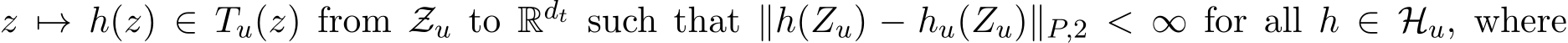 z �→ h(z) ∈ Tu(z) from Zu to Rdt such that ∥h(Zu) − hu(Zu)∥P,2 < ∞ for all h ∈ Hu, where