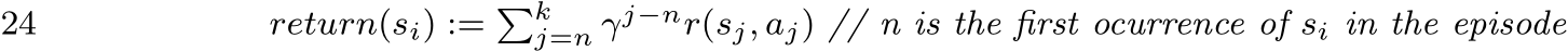 24 return(si) := �kj=n γj−nr(sj, aj) // n is the first ocurrence of si in the episode