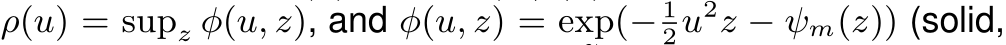 ρ(u) = supz φ(u, z), and φ(u, z) = exp(− 12u2z − ψm(z)) (solid,