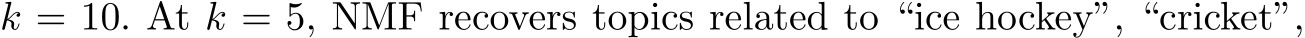  k = 10. At k = 5, NMF recovers topics related to “ice hockey”, “cricket”,