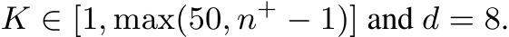  K ∈ [1, max(50, n+ − 1)] and d = 8.