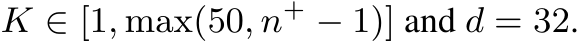  K ∈ [1, max(50, n+ − 1)] and d = 32.