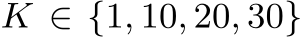  K ∈ {1, 10, 20, 30}