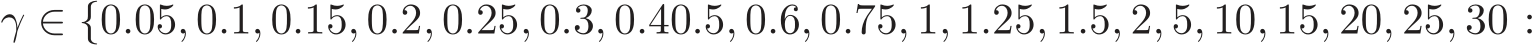  γ ∈ {0.05, 0.1, 0.15, 0.2, 0.25, 0.3, 0.40.5, 0.6, 0.75, 1, 1.25, 1.5, 2, 5, 10, 15, 20, 25, 30 :