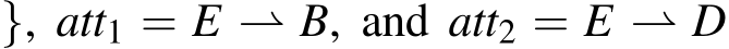 }, att1 = E ⇀ B, and att2 = E ⇀ D