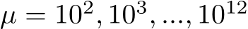 µ = 102, 103, ..., 1012