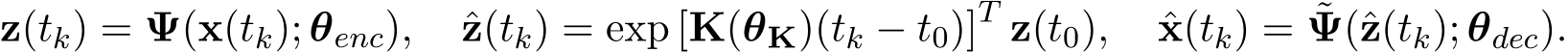 z(tk) = Ψ(x(tk); θenc), ˆz(tk) = exp [K(θK)(tk − t0)]T z(t0), ˆx(tk) = ˜Ψ(ˆz(tk); θdec).