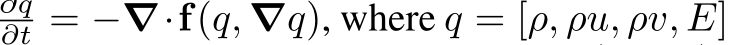 ∂t = −∇·f(q, ∇q), where q = [ρ, ρu, ρv, E]