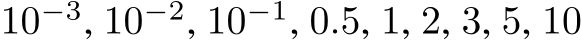 10−3, 10−2, 10−1, 0.5, 1, 2, 3, 5, 10