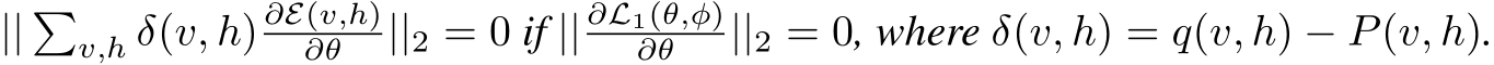 || �v,h δ(v, h) ∂E(v,h)∂θ ||2 = 0 if || ∂L1(θ,φ)∂θ ||2 = 0, where δ(v, h) = q(v, h) − P(v, h).