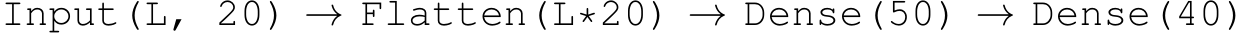 Input(L, 20) → Flatten(L*20) → Dense(50) → Dense(40)