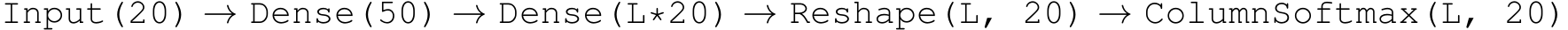 Input(20) → Dense(50) → Dense(L*20) → Reshape(L, 20) → ColumnSoftmax(L, 20)