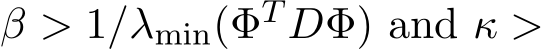  β > 1/λmin(ΦT DΦ) and κ >