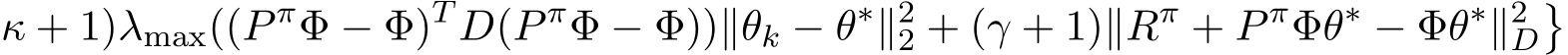 κ + 1)λmax((P πΦ − Φ)T D(P πΦ − Φ))∥θk − θ∗∥22 + (γ + 1)∥Rπ + P πΦθ∗ − Φθ∗∥2D�