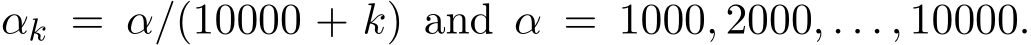  αk = α/(10000 + k) and α = 1000, 2000, . . . , 10000.