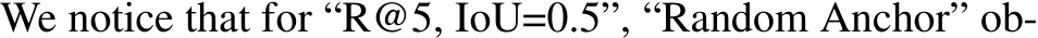We notice that for “R@5, IoU=0.5”, “Random Anchor” ob-