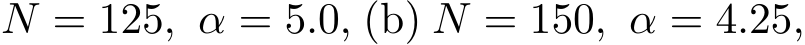  N = 125, α = 5.0, (b) N = 150, α = 4.25,