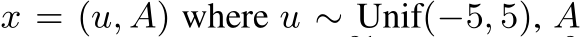  x = (u, A) where u ∼ Unif(−5, 5), A