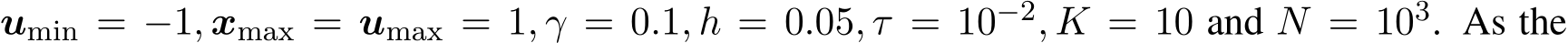 umin = −1, xmax = umax = 1, γ = 0.1, h = 0.05, τ = 10−2, K = 10 and N = 103. As the