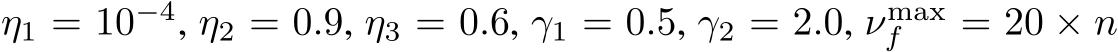  η1 = 10−4, η2 = 0.9, η3 = 0.6, γ1 = 0.5, γ2 = 2.0, νmaxf = 20 × n