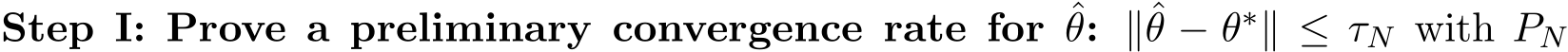 Step I: Prove a preliminary convergence rate for ˆθ: ∥ˆθ − θ∗∥ ≤ τN with PN