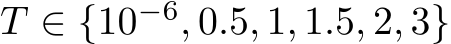  T ∈ {10−6, 0.5, 1, 1.5, 2, 3}