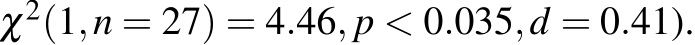 χ2(1,n = 27) = 4.46, p < 0.035,d = 0.41).