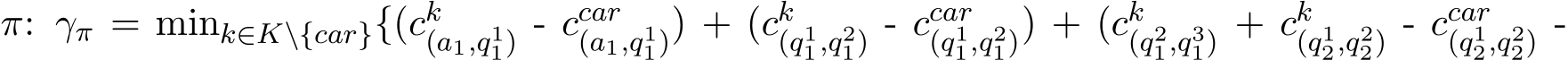  π: γπ = mink∈K\{car}{(ck(a1,q11) - ccar(a1,q11)) + (ck(q11,q21) - ccar(q11,q21)) + (ck(q21,q31) + ck(q12,q22) - ccar(q12,q22) -