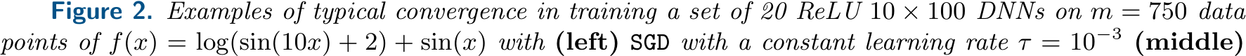  10 × 100 DNNs on m = 750 datapoints of f(x) = log(sin(10x) + 2) + sin(x) with (left) SGD