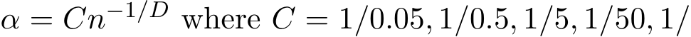  α = Cn−1/D where C = 1/0.05, 1/0.5, 1/5, 1/50, 1/