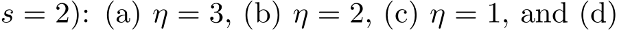 s = 2): (a) η = 3, (b) η = 2, (c) η = 1, and (d)