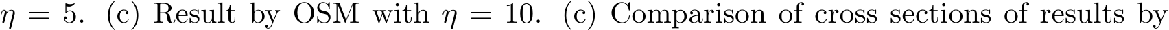  η = 5. (c) Result by OSM with η = 10. (c) Comparison of cross sections of results by