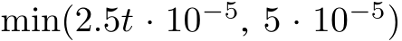 min(2.5t · 10−5, 5 · 10−5)