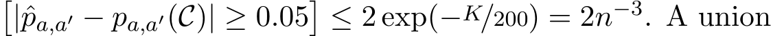 �|ˆpa,a′ − pa,a′(C)| ≥ 0.05�≤ 2 exp(−K/200) = 2n−3. A union