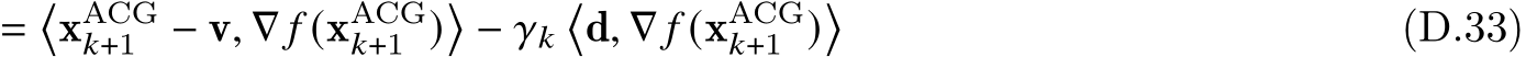 =�xACG𝑘+1 − v, ∇ 𝑓 (xACG𝑘+1 )�− 𝛾𝑘�d, ∇ 𝑓 (xACG𝑘+1 )� (D.33)