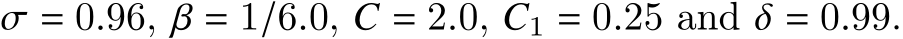  𝜎 = 0.96, 𝛽 = 1/6.0, 𝐶 = 2.0, 𝐶1 = 0.25 and 𝛿 = 0.99.