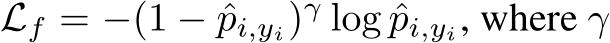 Lf = −(1 − ˆpi,yi)γ log ˆpi,yi, where γ