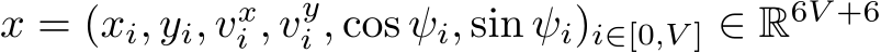 x = (xi, yi, vxi , vyi , cos ψi, sin ψi)i∈[0,V ] ∈ R6V +6