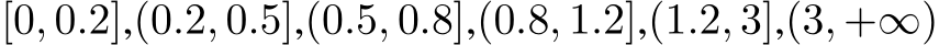  [0, 0.2],(0.2, 0.5],(0.5, 0.8],(0.8, 1.2],(1.2, 3],(3, +∞)