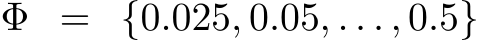  Φ = {0.025, 0.05, . . . , 0.5}