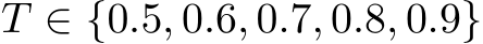 T ∈ {0.5, 0.6, 0.7, 0.8, 0.9}